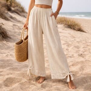 Mona de Guadalajara Cotton Gauze Wide Leg Pants L ruffle hem Boho Mexico Oaxaca